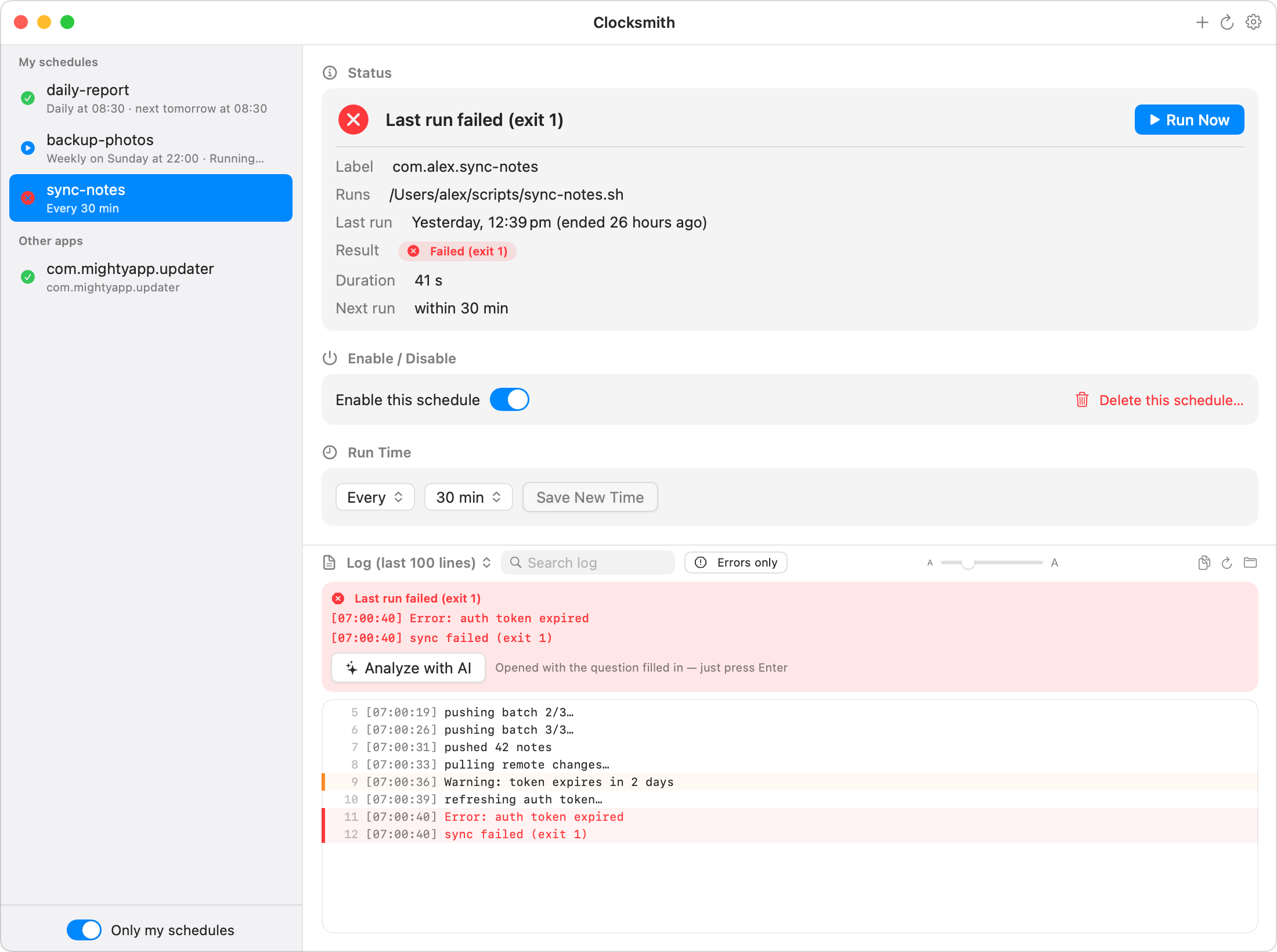 Clocksmith highlighting a failed job with AI-assisted error analysis