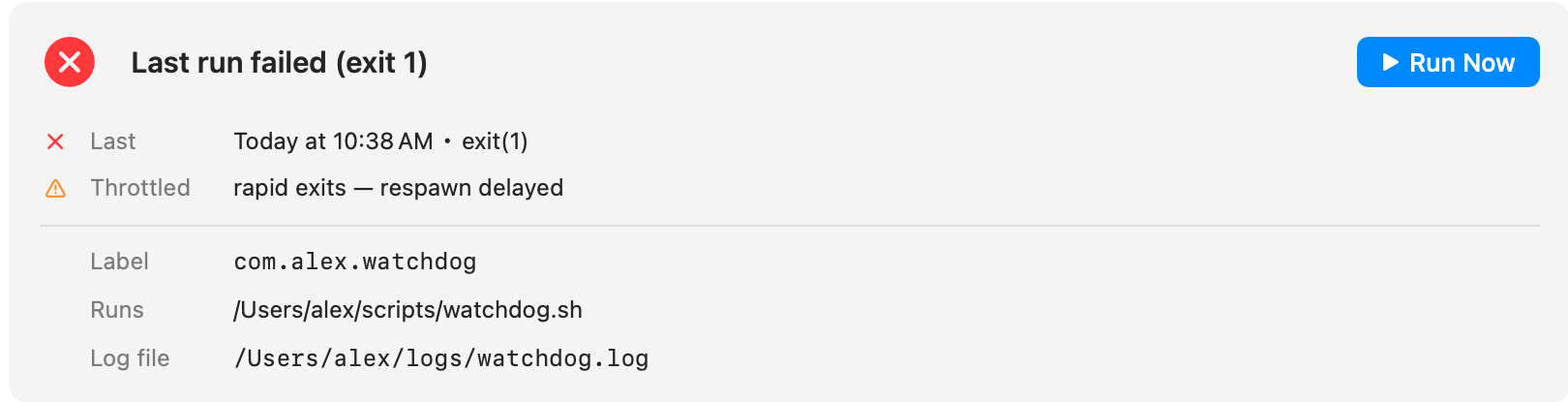 Red: failing job that launchd is throttling
